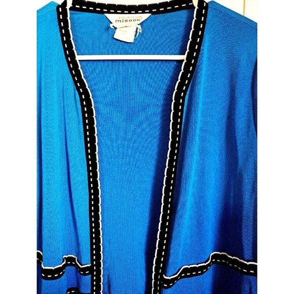 Vintage Misook L Blue Long Sleeve Open Front Jacket Black White Trim FLAW - Picture 4 of 9